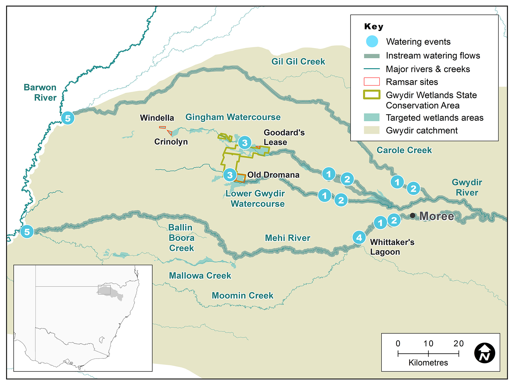 Map of the Gwydir catchment showing waterways, wetlands and locations of water for the environment deliveries made in 2017–18.