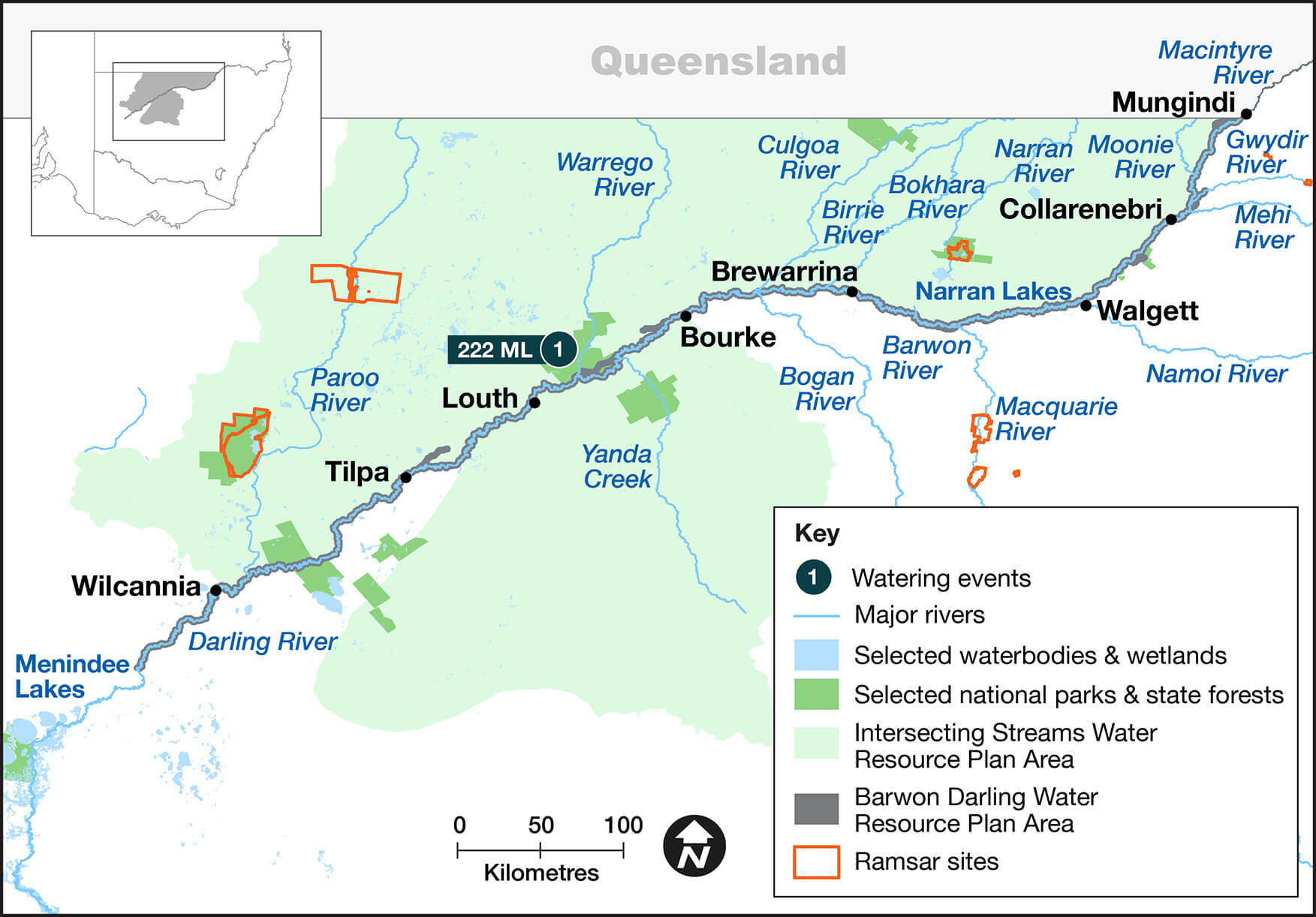 Map of selected water bodies and wetlands in the Darling River region, Australia, showing weather events, national parks, state forests, intersecting streams, and resource plan areas. Key cities like Bourke, Louth, Tilpa, Wilcannia, and Menindee are marked. The map includes a key for symbols representing rainwater stations and major cities.