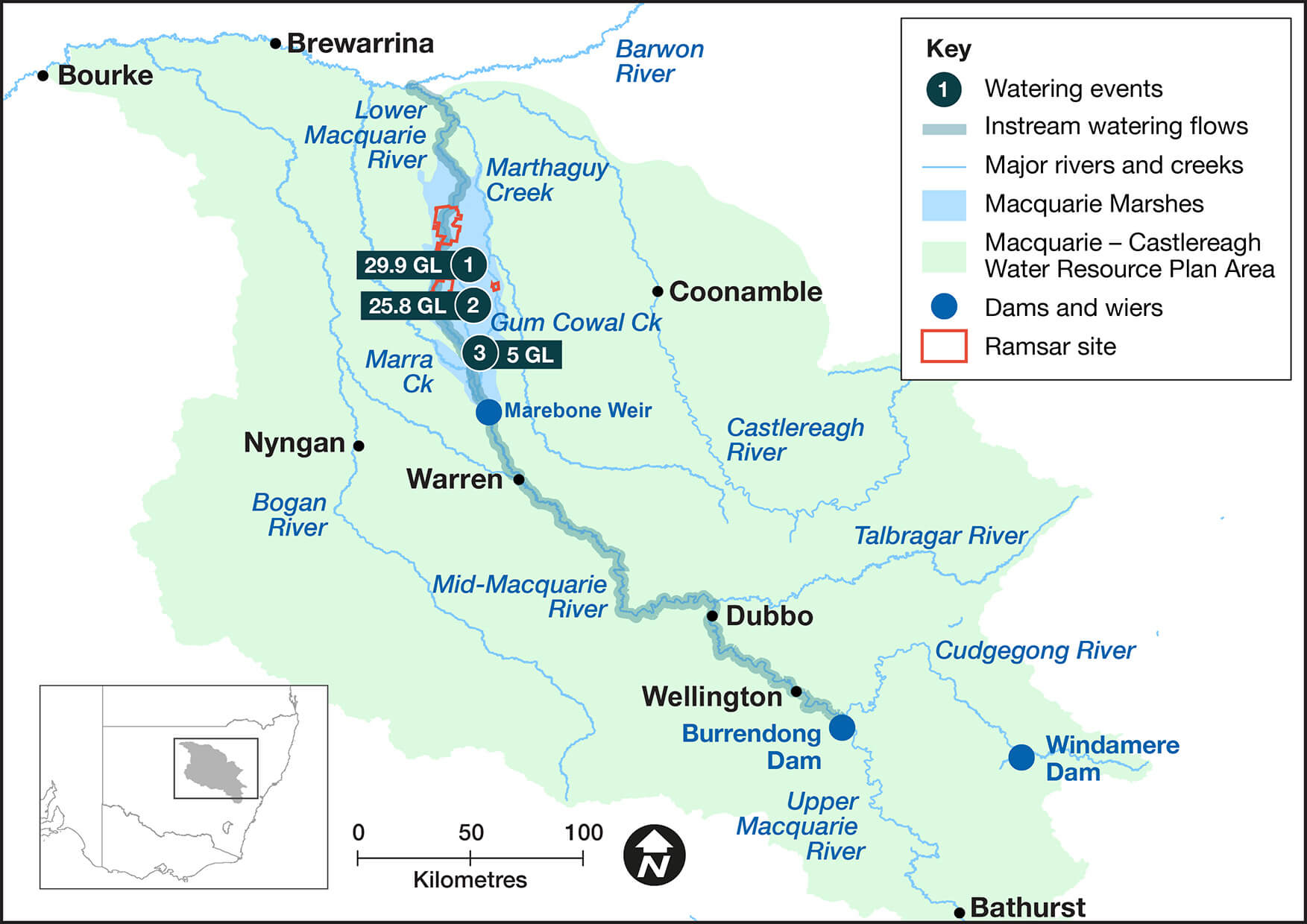 A map depicting various geographical features and locations, focusing on water bodies and infrastructure related to water management. It includes rivers such as the Macquarie River, Cudgegong River, and Castlereagh River. Symbols indicate watering events, major weirs like Burrendong Dam and Warren Weir, Macquarie Marshes nature reserve, and Ramsar sites. Towns like Bourke, Brewarrina, Dubbo, and Bathurst are also shown. A legend explains the symbols: blue circles for watering events, red squares for major w