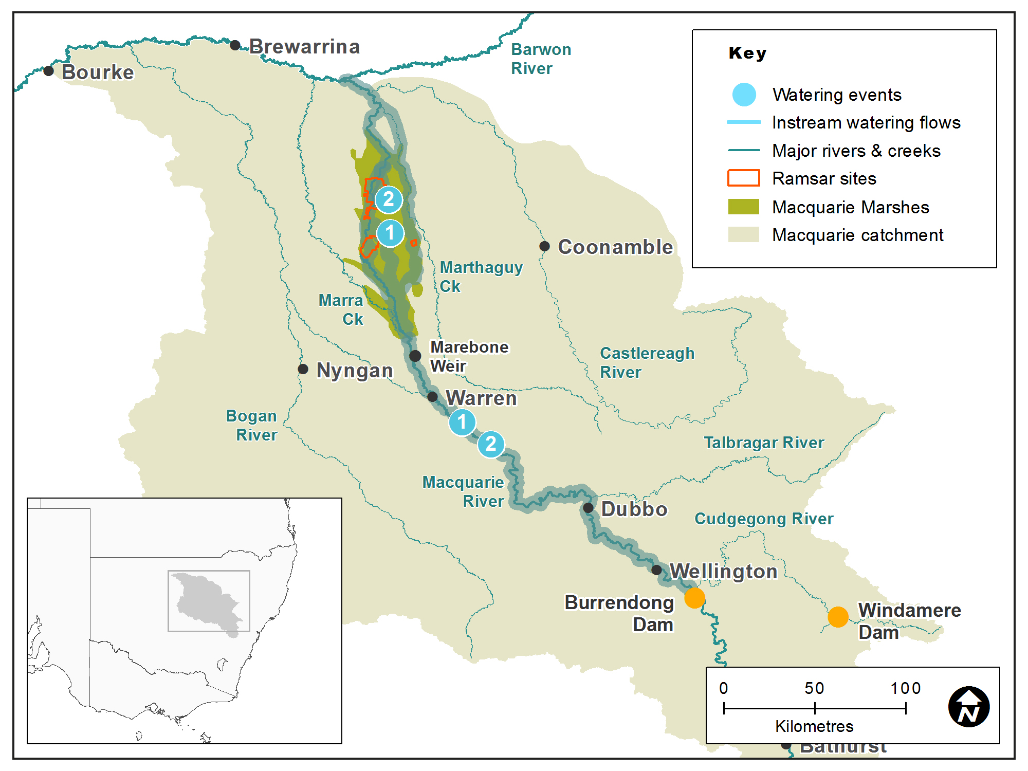 Map of the Macquarie-Castlereagh catchment showing waterways, wetlands and locations of water for the environment deliveries made in 2017–18.