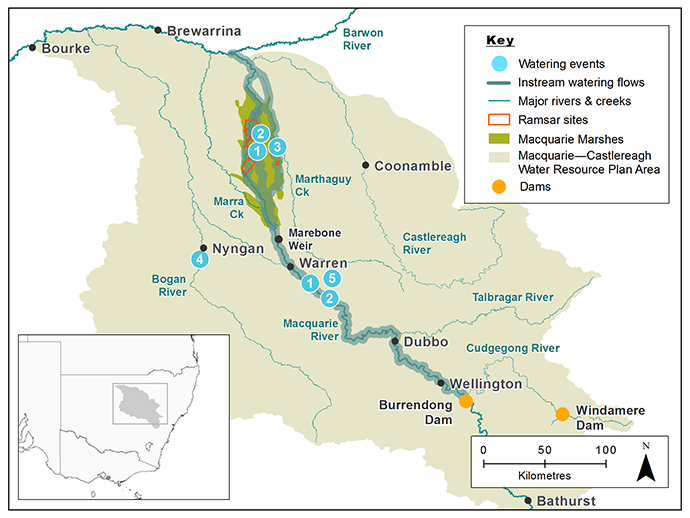 Map of the Macquarie catchment showing waterways, wetlands and locations of water for the environment deliveries made in 2018-19. 