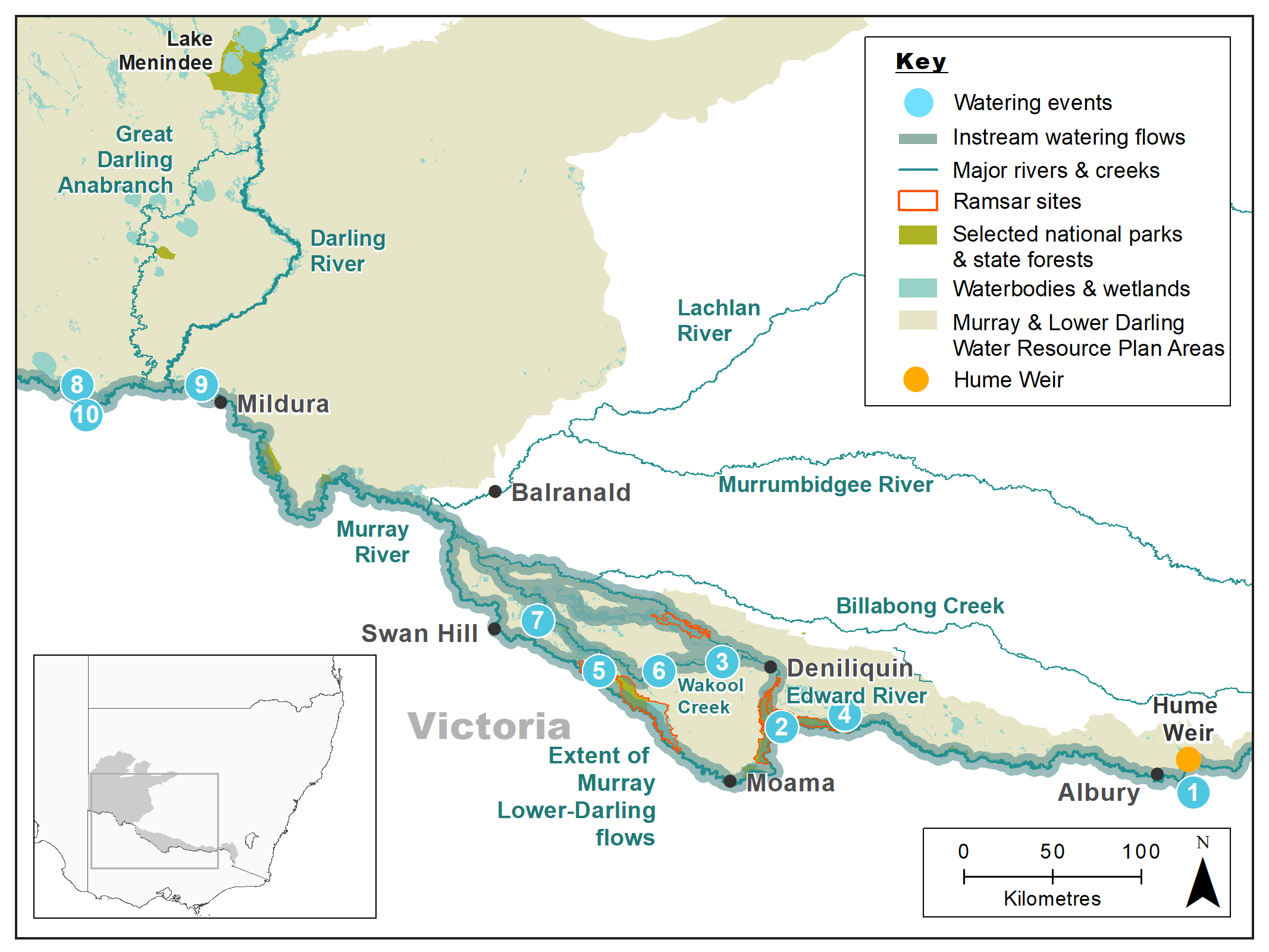 Map of the Murray catchment showing waterways, wetlands and locations of water for the environment deliveries made in 2018-19. 