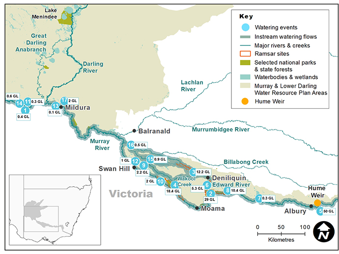 Map of the Murray Lower Darling catchment showing waterways, wetlands and locations of water for the environment deliveries made in 2019–20.