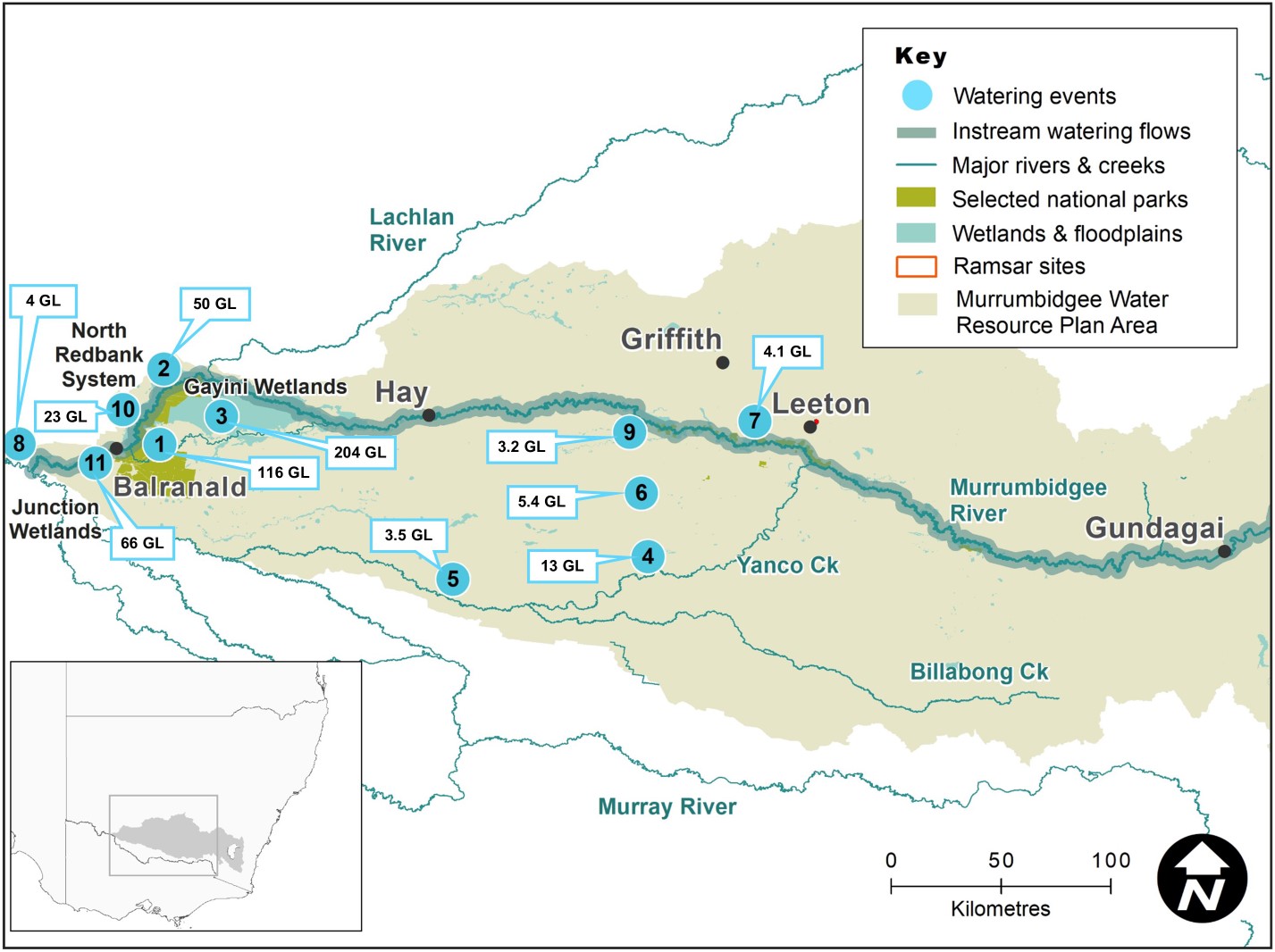 Map of the Murrumbidgee catchment showing waterways, wetlands and locations of water for the environment deliveries made in 2020-21.