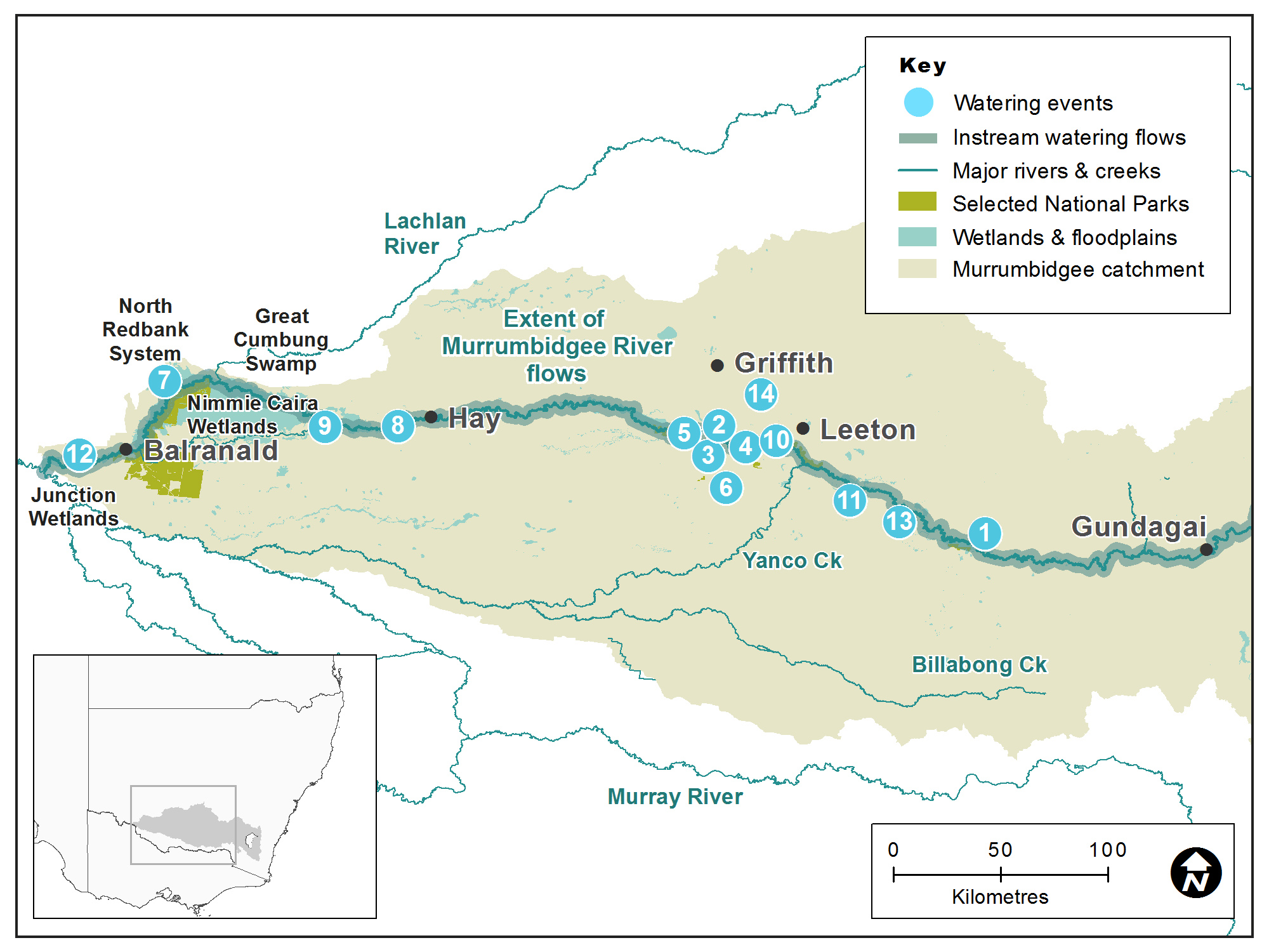 Map of the Murrumbidgee catchment showing waterways, wetlands and locations of water for the environment deliveries made in 2017–18.