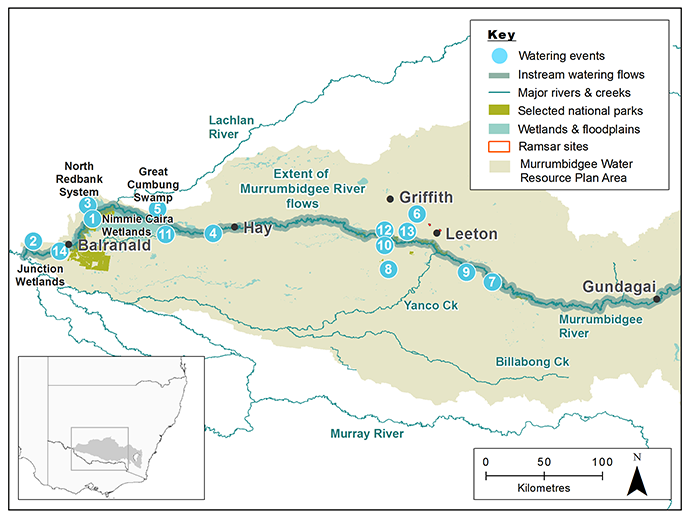 Map of the Murrumbidgee catchment showing waterways, wetlands and locations of water for the environment deliveries made in 2018-19. 