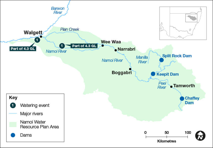 Map of the Namoi catchment showing waterways, wetlands and locations of water for the environment deliveries made in 2022-23.