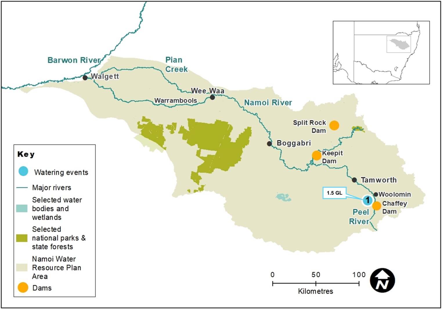 Map showing the Barwon River, Namoi River, Keepit Dam, Chaffey Dam, and other water resources in the region. It highlights selected wetlands, national parks, and state forests, with marked towns such as Walgett, Wee Waa, Narrabri, and Tamworth. The map includes a key for symbols and a scale in kilometers.