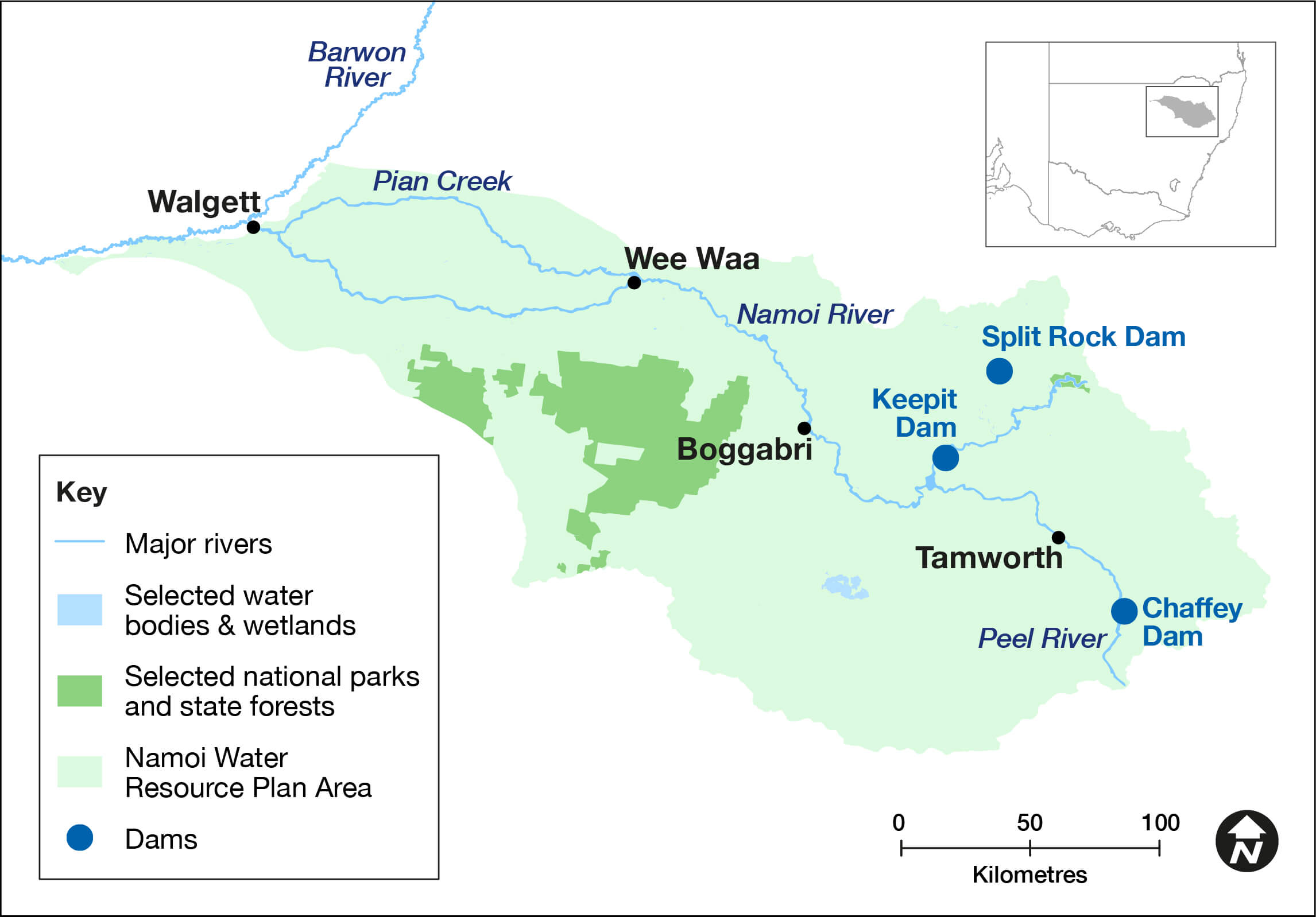 A map depicting a region in NSW, Australia. It features various geographical elements such as rivers, including the Barwon River, Naomi River, Peel River, Chaffey Dam, Keepit Dam, and Split Rock Dam. The map also highlights towns like Tamworth, Wee Waa and Walgett; Boggabri is marked as well. There’s an inset map with a key.