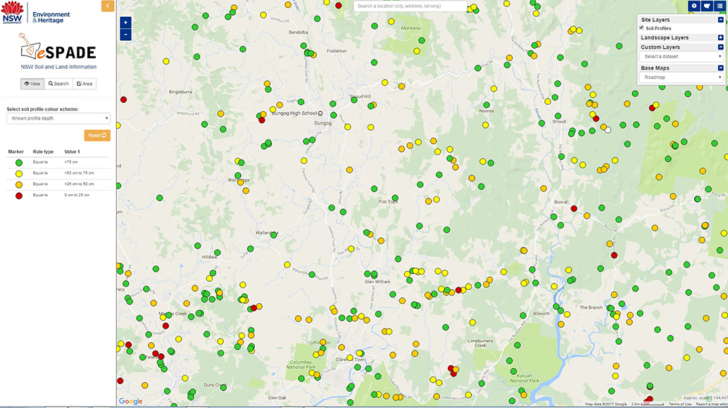 eSPADE giving profiles around the area of Dungog NSW, coloured by their known profile depth.