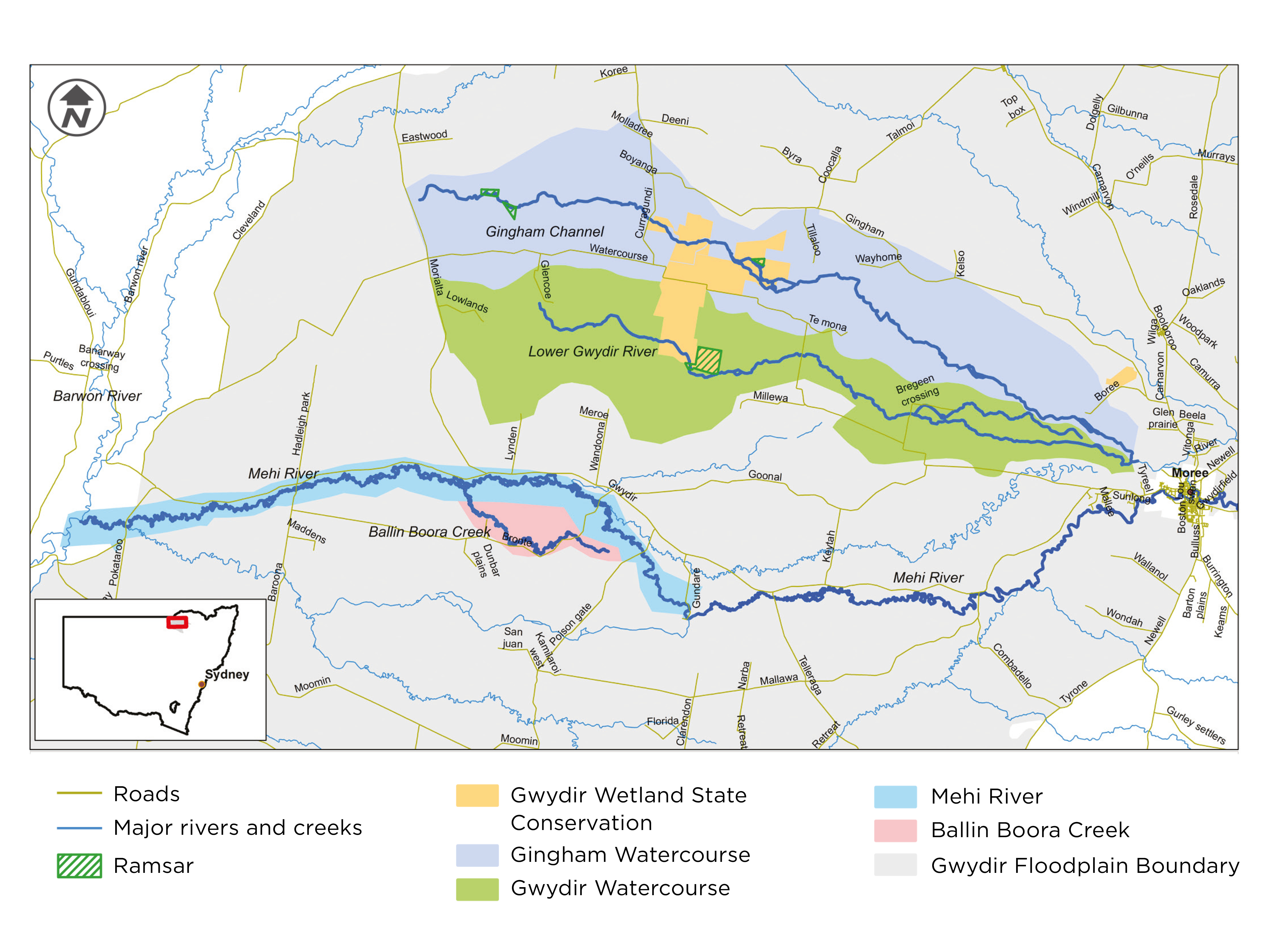 A detailed map of the Gwydir Constraints Measures Project area, highlighting key water management zones and environmental features. The map includes various watercourses, wetlands, and surrounding land areas, with labels indicating specific project sites and measures implemented to improve water delivery and ecological outcomes.