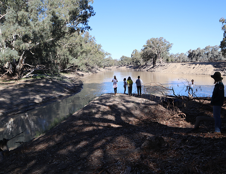 The junction of the Warrego River (left) and the Darling River (right), with several individuals standing at the convergence point. The area is lined with trees and vegetation, indicative of a riverine ecosystem, under a clear daytime sky.