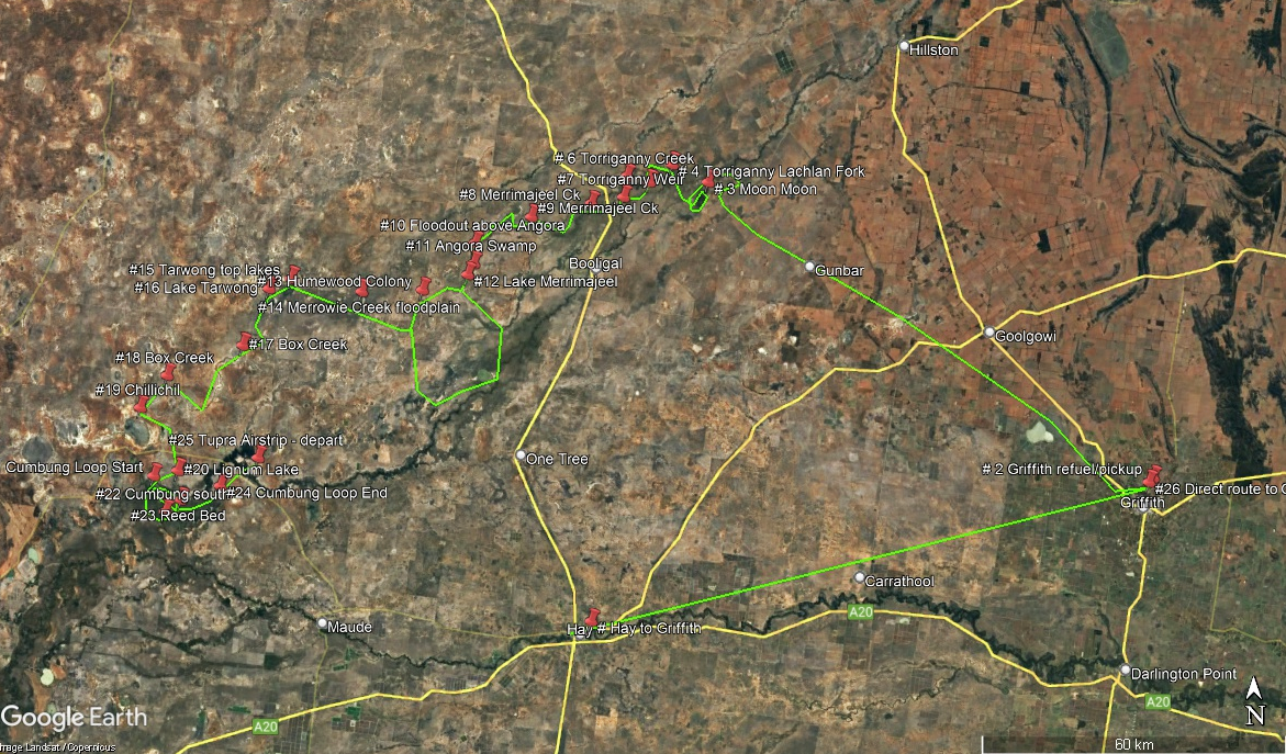 A satellite view from Google Earth showing a landscape with various marked locations and annotations. The terrain includes natural and agricultural areas, with roads and boundaries indicated by lines. Green markers with text represent specific points of interest.