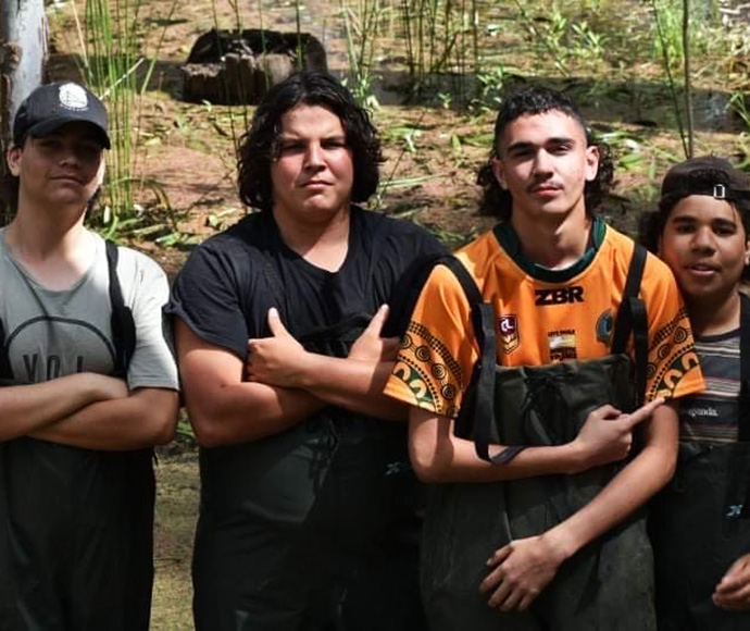 Group photo of Bittern Bird expedition participants from Deniliquin High School. From left to right: Coby Smith, Kobi Baxter and Isaac Wilson.