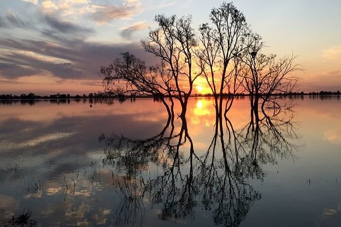 A serene sunset over Paika Lake, with trees lining the edge. The vibrant colors of the sunset are reflected clearly in the calm water, creating a mirror-like effect.