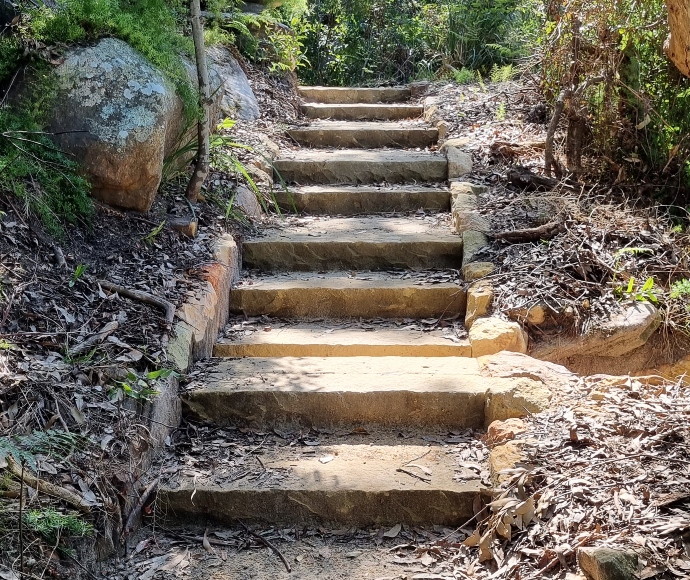 A flight of stone stairs linking to the boardwalk below Chowder Bay Road.