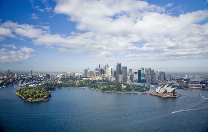 Aerial view Sydney skyline and Royal Botanic Gardens Sydney Harbour National Park