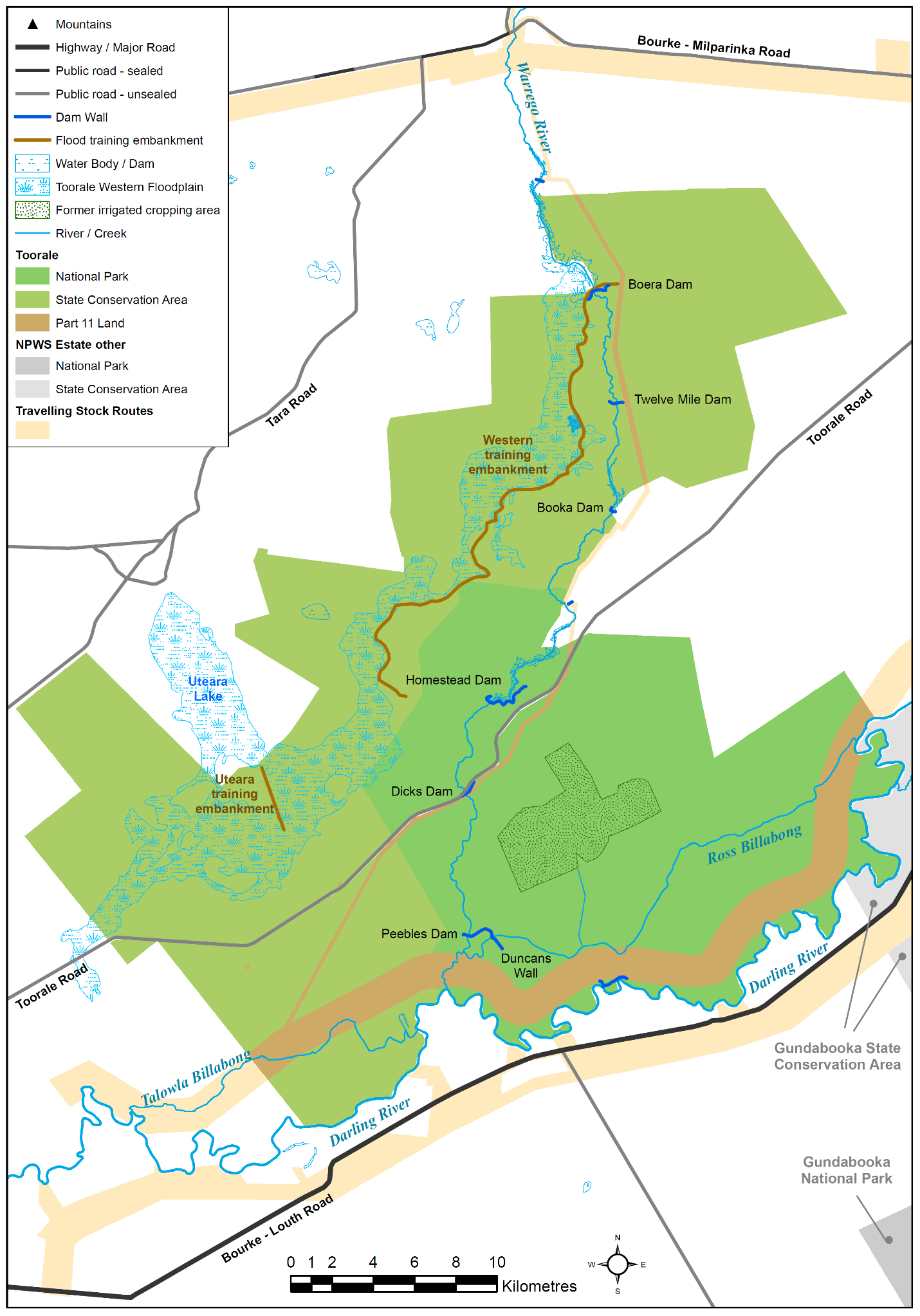 Map showing the Toorale National Park and State Conservation Area. Toorale is located on the junction of the Warrego and Darling Rivers, encompasses a combined area of approximately 85,251 ha.