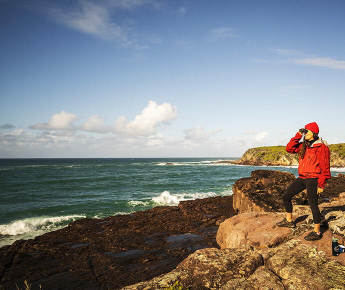 Person in a red jacket and beanie with a pair of binoculars, looking out into the ocean. She is standing on a rocky ledge, the sky is bright blues with a few clouds on the horizon.