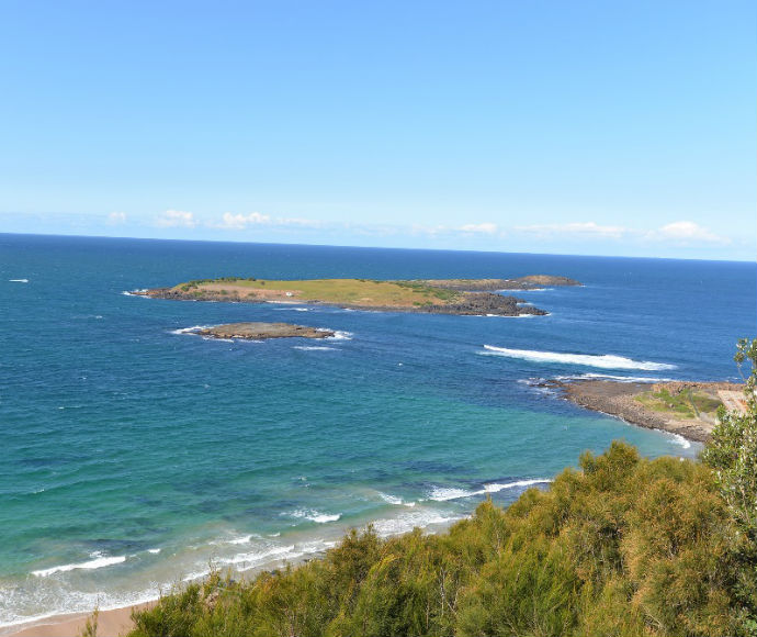 A breathtaking view of Big Island in the Five Islands Nature Reserve, located in the Illawarra region, featuring rugged coastal cliffs, lush vegetation, and the expansive ocean under a clear sky.