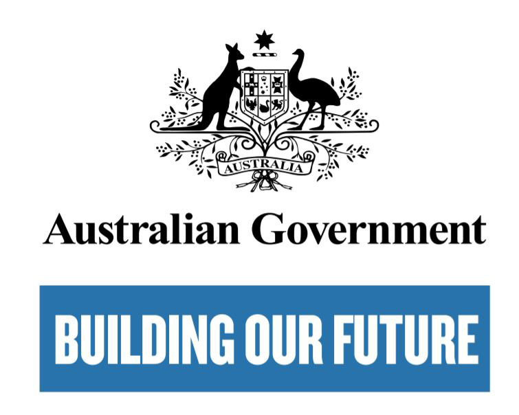 Australian Government coat of arms logo in black and white, featuring kangaroo on left of shield and emu on right of shield