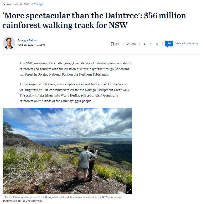 Screenshot of Sydney Morning Herald news article titled "'More spectacular than the Daintree': $56 million rainforest walking track for NSW"