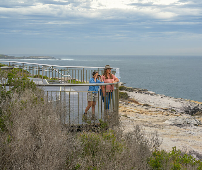 The image shows a whale watching platform at Cape Solander in Kamay Botany Bay National Park. Two people are standing on the platform, looking out towards the ocean. The platform is elevated and surrounded by a metal railing, providing a clear view of the coastline and the sea. The sky is cloudy, and the ocean appears calm. The surrounding area has rocky terrain and some vegetation. This image captures a scenic viewpoint designed for observing marine life, particularly whales, which is a popular activity at