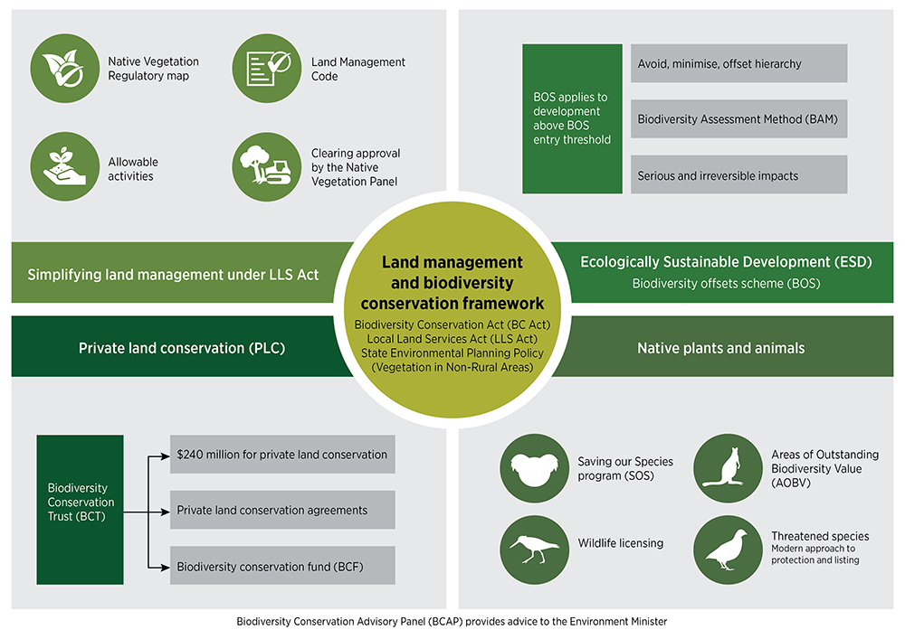 Land management and biodiversity framework diagram showing key elements: land management, conservation acts, sustainable development, and native species programs.