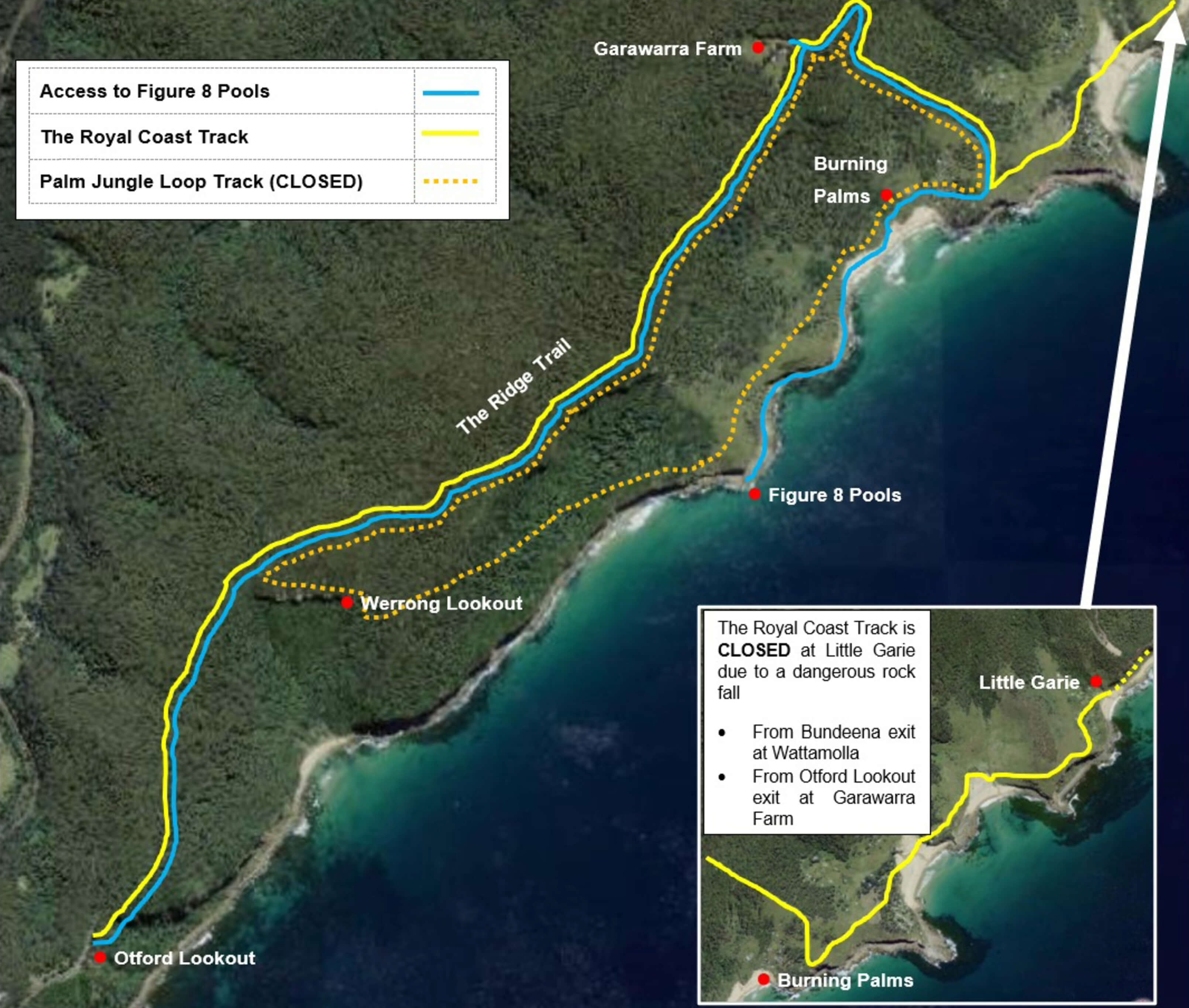 Palm jungle loop is closed and the Royal Coast track is closed at Garie due to a dangerous rock fall