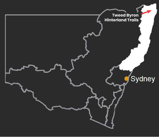 Location map of the Tweed Byron Hinterland Trail, showing the route from Mount Jerusalem National Park to Nightcap National Park, including key points such as Unicorn Falls and Minyon Falls.