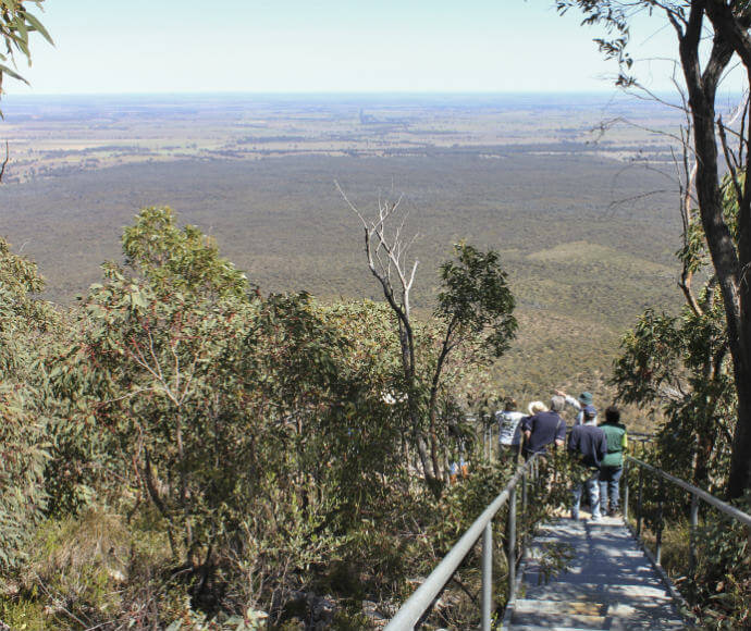 Scenic view from a high vantage point, likely on a mountain or hill. A metal staircase descends through a forested area with trees and bushes on either side. In the distance, a vast expanse of flat land stretches to the horizon. Several people are visible on the staircase, indicating it is a popular spot for hiking or sightseeing.