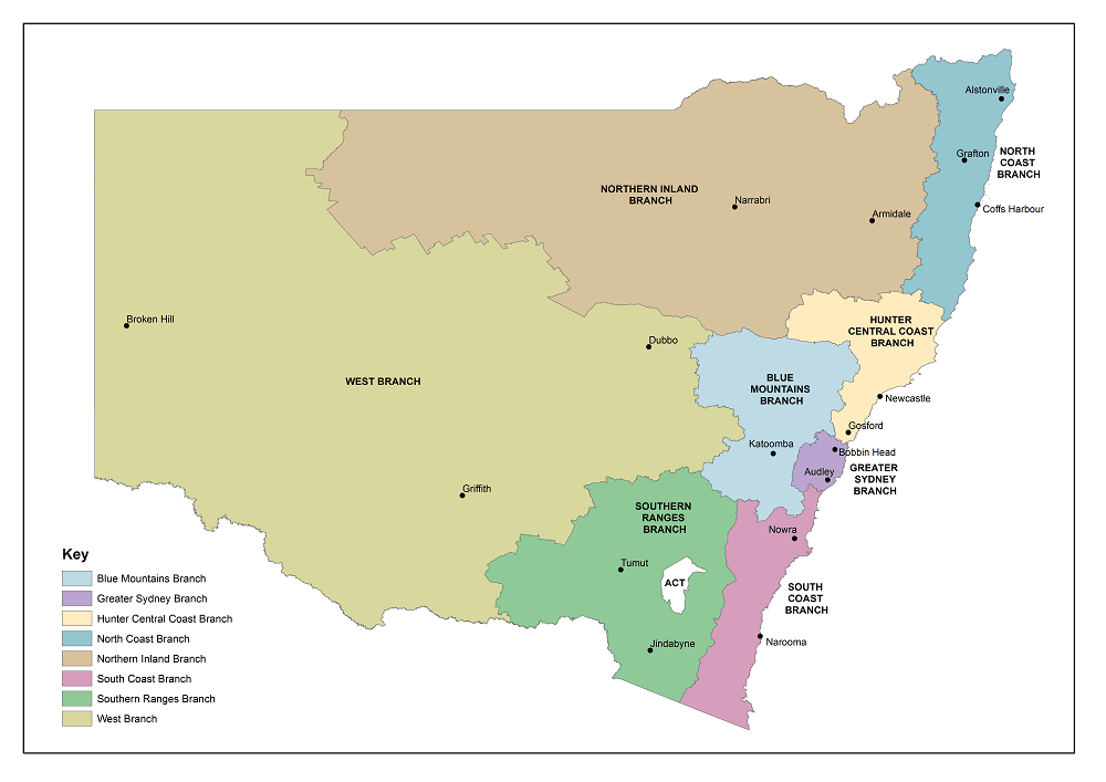 Map of New South Wales showing the operational branches of the National Parks and Wildlife Service (NPWS), with different regions color-coded and labeled.