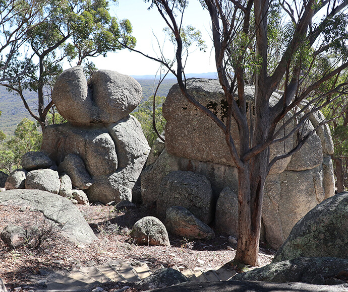 A natural landscape featuring large, rounded boulders and rock formations surrounded by trees. The boulders have a unique, sculptural appearance due to their shapes and positioning. The scene is set in a forested area with a view of distant hills or mountains in the background. The ground is covered with dry leaves and small rocks, and several slender trees with branches frame the boulders.