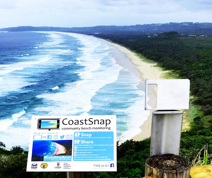 Coastsnap sign and spot to place your phone to take a picture of Tallow beach for the Coastsnap app