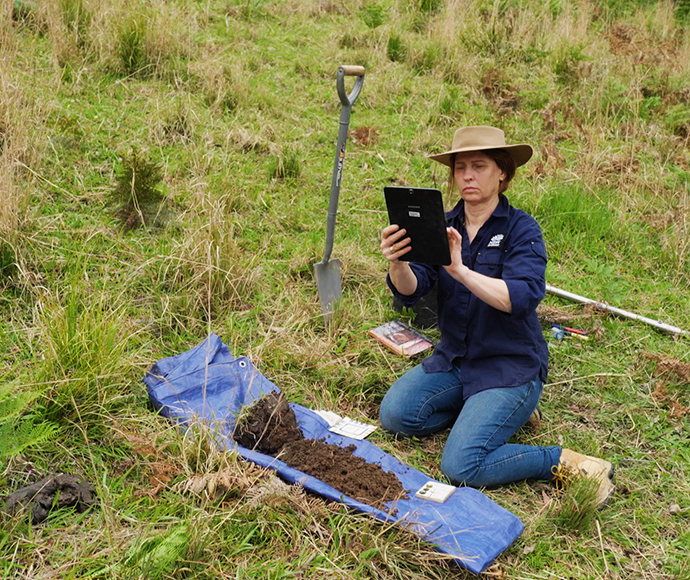 A soil researcher working in the field with her iPad out using the Soils Near Me app.